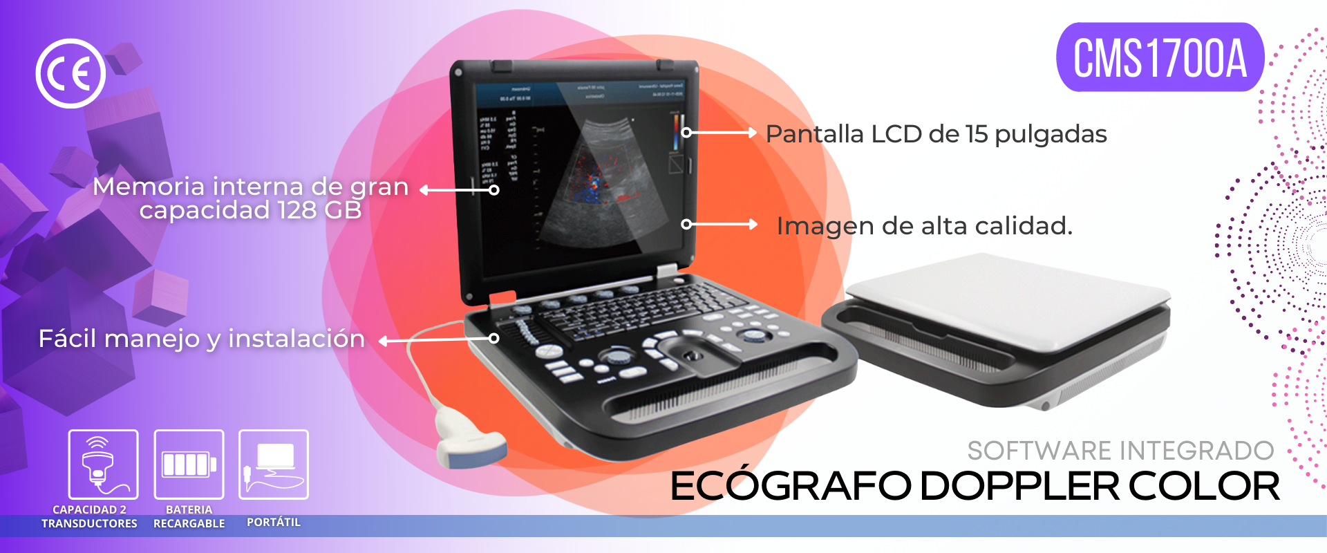 Eco doppler color: Pantalla 15 pulgadas. Doppler color CF, Doppler pulsado PW. 2 conectores de sonda activos. Uso general.