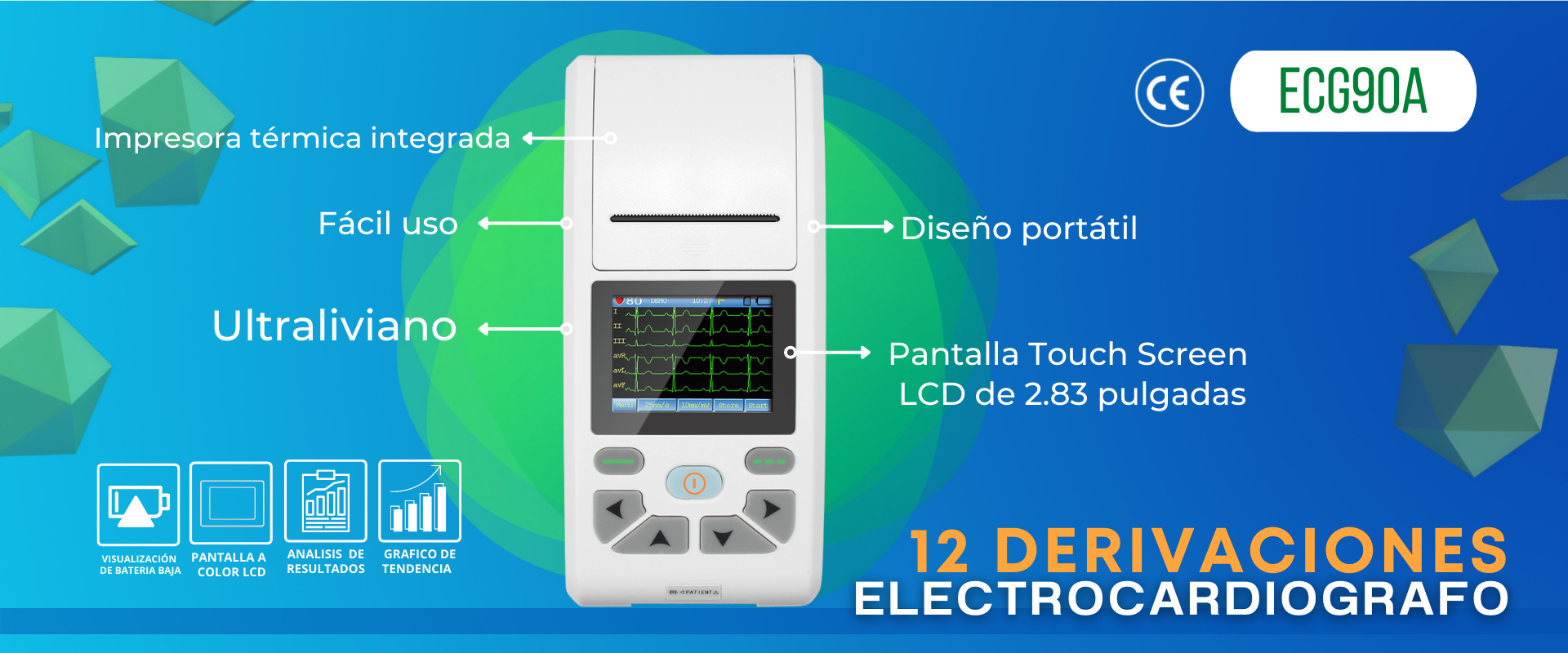 Electrocardiografo: 3 canales impresion, 12 derivaciones. Portable. Pantalla Táctil. Batería recargable. Incluye: Un cable conductor