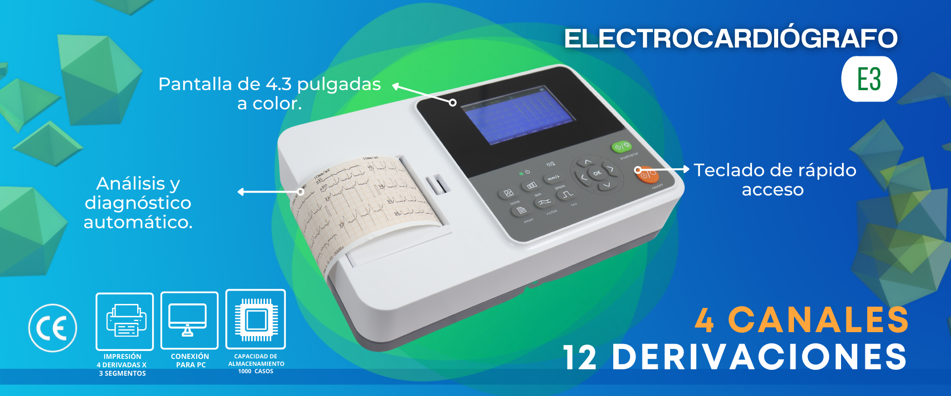 Electrocardiografo 3 canales - 12 derivaciones - Electrocardiógrafo pantalla 4.3 pulgadas