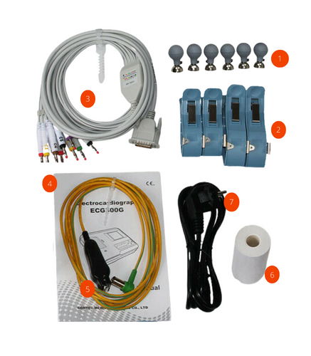 Electrocardiografo: Electrodos de pecho (ventosas): un set de 6 unidades, Electrodos de extremidades (clips): un set de 4 unidades