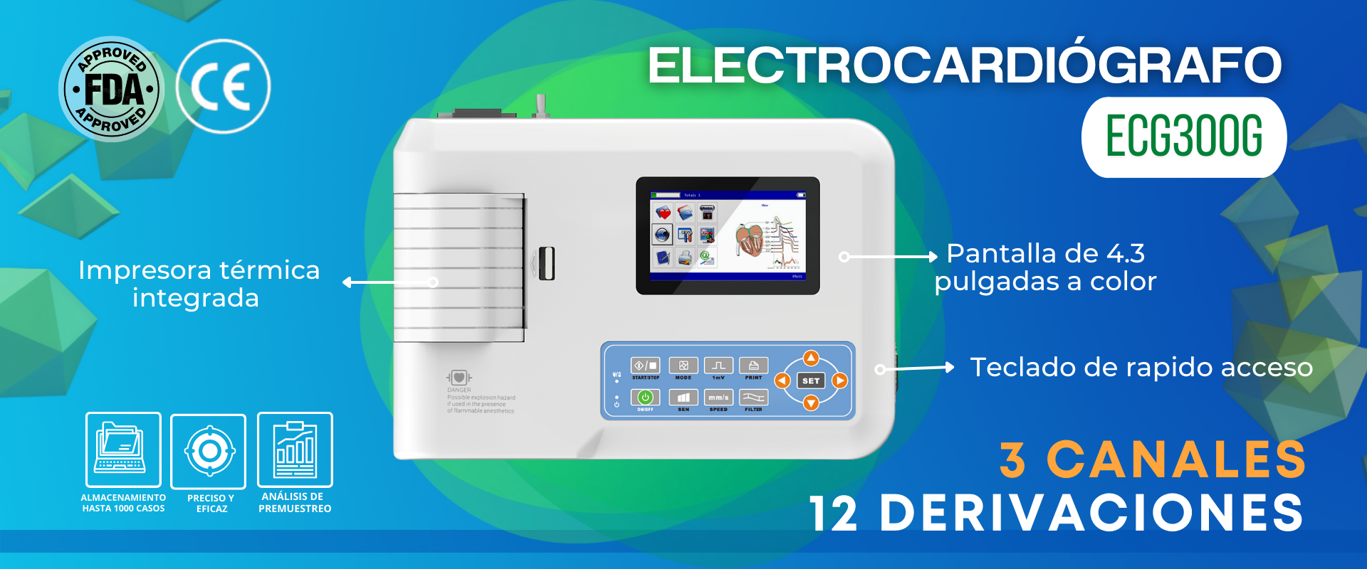 Electrocardiografo: de 3 canales, Despliega en pantalla 3, 6 y 12 derivaciones.