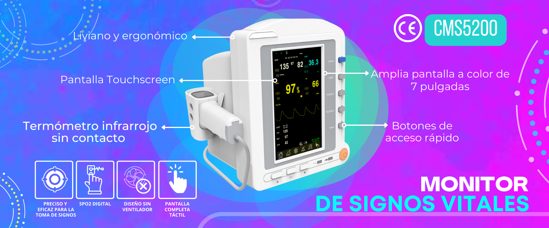 Monitor de paciente- Monitor de signos vitales- Monitor pantalla 7 pulgadas- CMS5100+