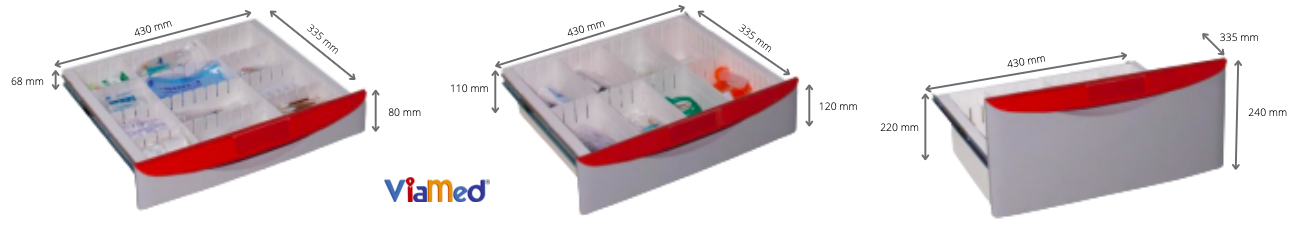 Coche de Anestesia ABS: Equipado con 5 cajones totalmente extraíbles para asepsia: 2 cajones pequeños (altura de 80mm), 2 cajones intermedios (altura de 120mm), Un cajon grande (altura de 240mm)