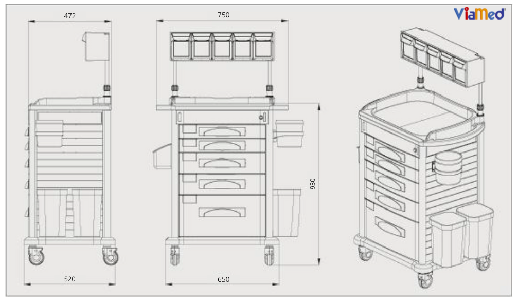 Coche de Anestesia: Panel superior, moldeado en inyección de plástico ABS con mango de empuje en ambos lados.