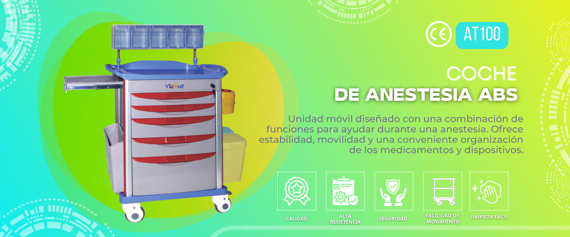 Coche de Anestesia ABS: Fabricado en ABS de alta resistencia. 5 cajones extraibles, modulo de 5 contenedores de almacenamiento. Cuatro (4) ruedas giratorias (dos con freno).