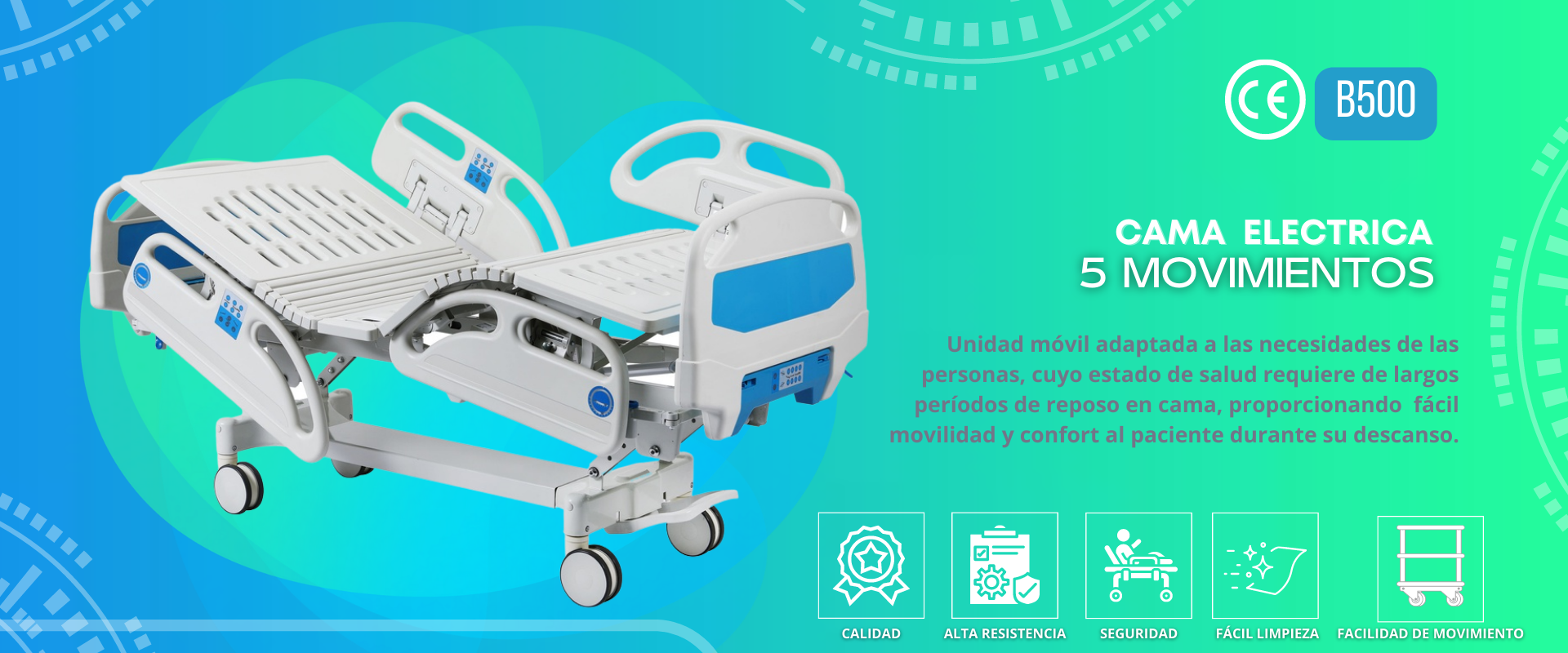 Cama Hospitalaria eléctrica 5 movimientos equipada con motores de marca LINAK, equipada con bateria de respaldo Sistema Softlink para comodidad del paciente.