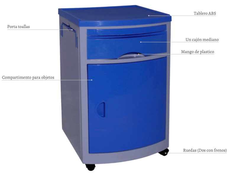 Mesa ABS de noche cuenta con porta toallas, tablero ABS, compartimento para objetos, cajon mediano, mango de plástico, 2 ruedas con freno