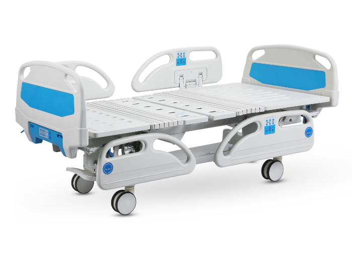 Cama Hospitalaria Eléctrica multifuncional desarrollada para el confort del paciente. Fabricada en marco de Acero, cabecera y piecera en plástico ABS y PP desmontable