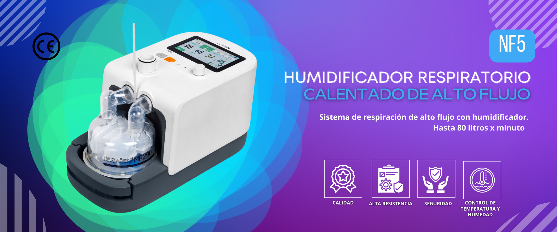 Humidificador respiratorio de alto flujo: Pantalla táctil de 4,3 pulgada Turbina: Rendimiento alto, Nivel bajo de ruido Terapia de oxígeno de alto flujo con humidificador.