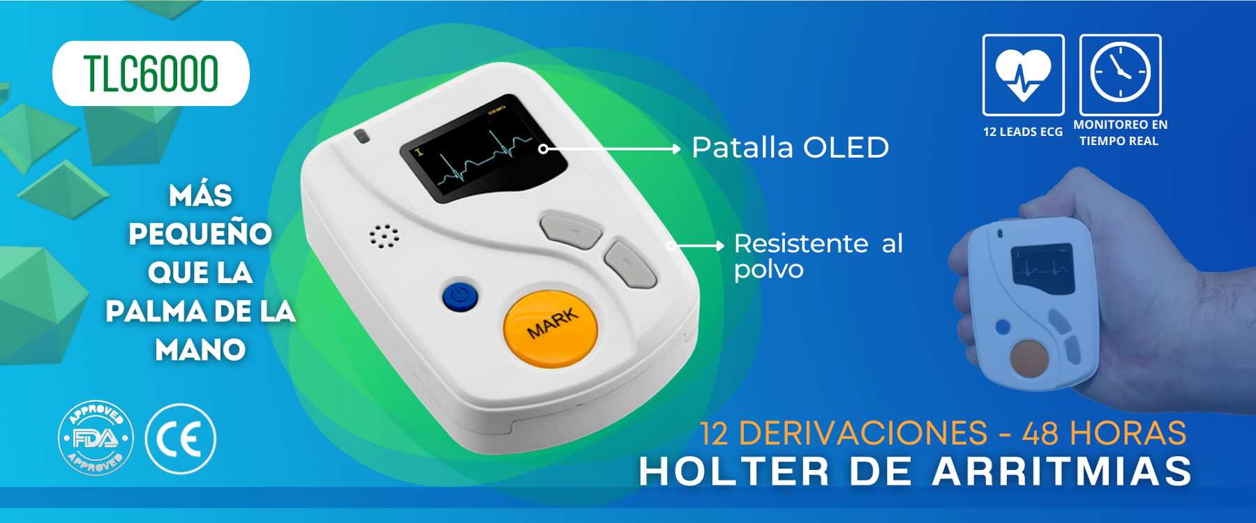 holter de arritmias: Registro del ritmo cardíaco durante 48 horas continuas. Portátil, pantalla a color, 12 canales. Conexión a PC. Anti-vibración y anti-interferencia, Autodiagnóstico, Con marcador de eventos.